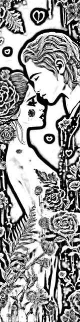 Free colorable bookmarks of a dark romance couple leaning in for a kiss